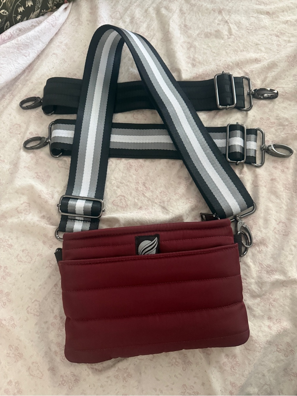 THINK ROYLN Burgundy Quilted Crossbody with Black & Gray Striped Strap